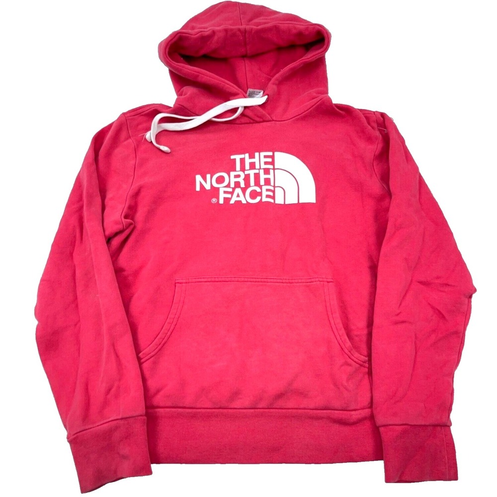 North Face Hoodie Women Small Pink White Sweatshirt Sweater Spell Out Ladies A6*